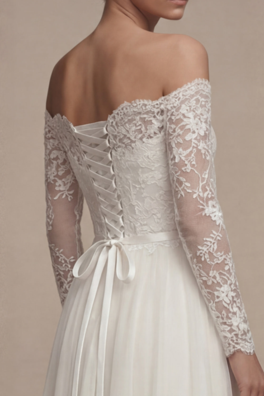 Long Sleeves Floral White Maxi A Line Wedding Reception Dress with Lace