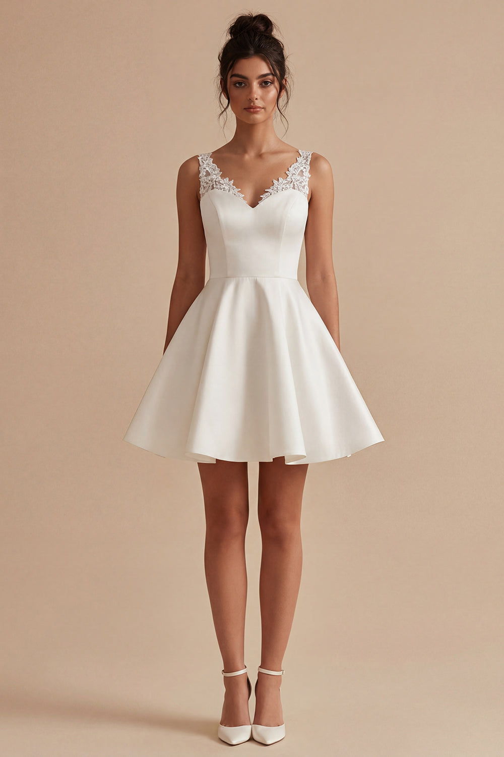Short V-Neck White A Line Graduation Dress with Lace