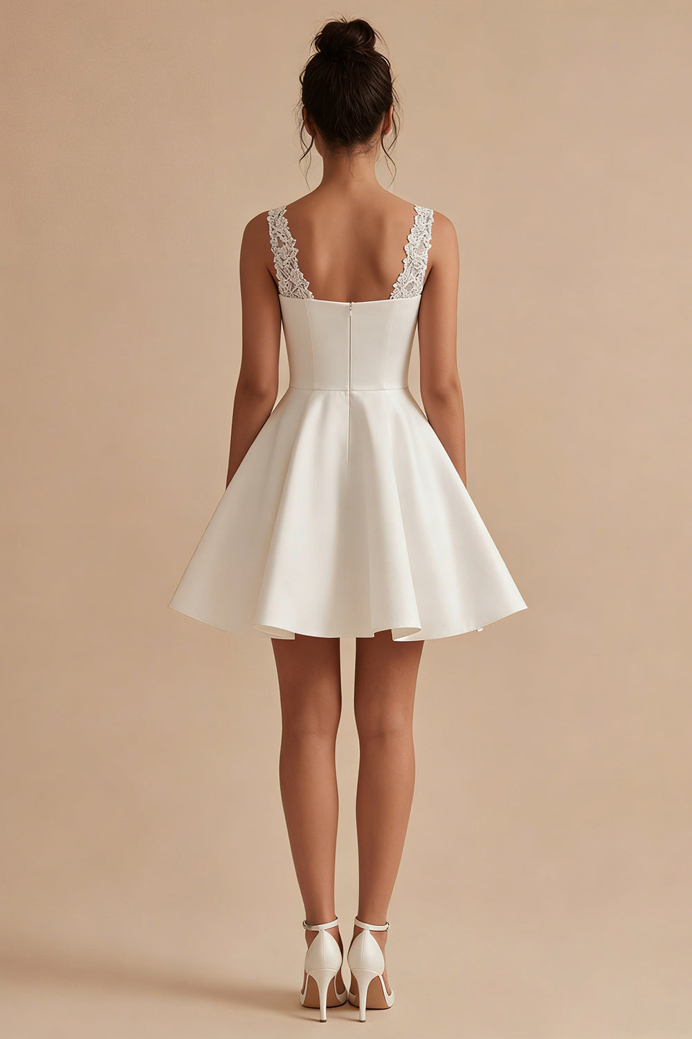Short V-Neck White A Line Graduation Dress with Lace