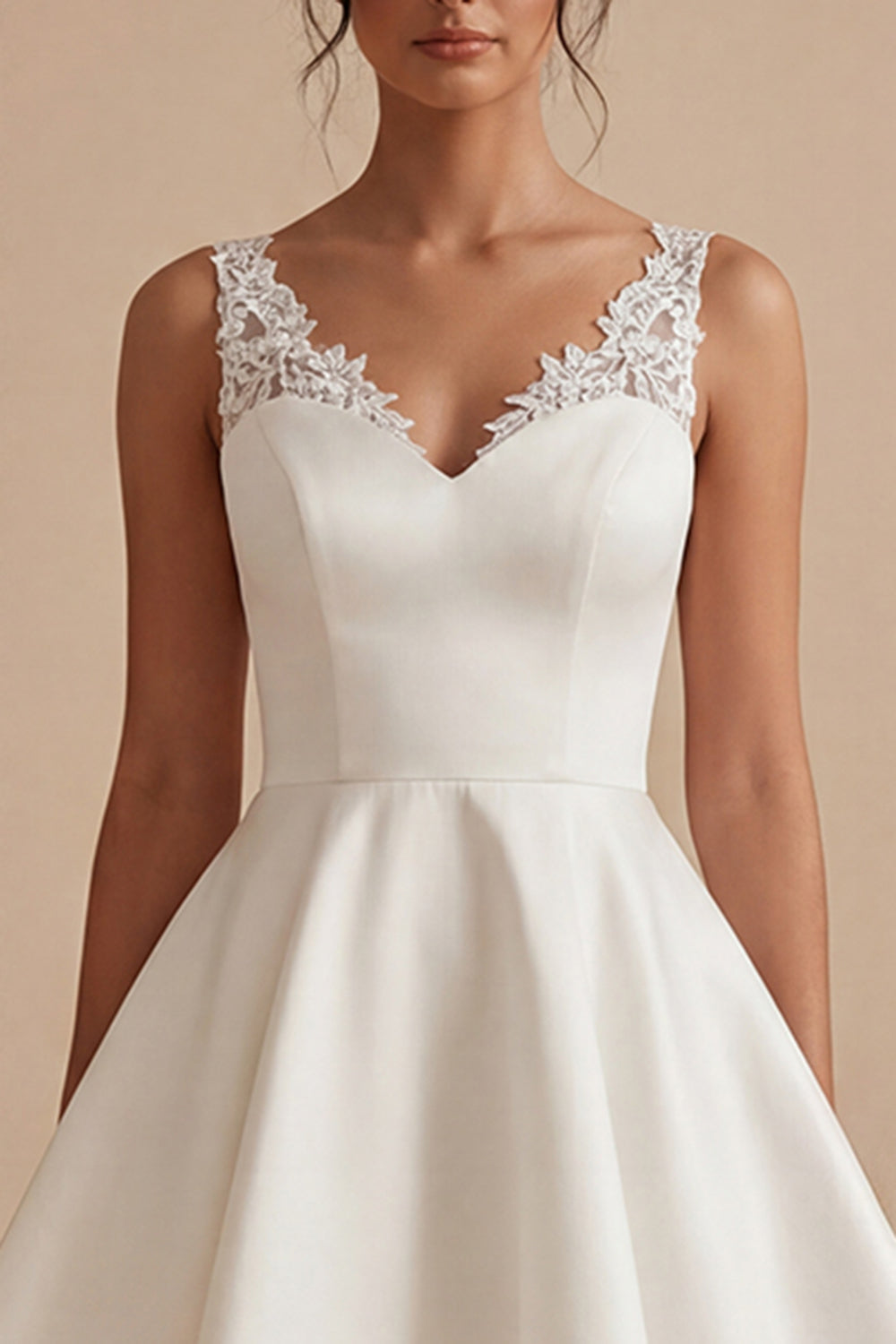 Short V-Neck White A Line Graduation Dress with Lace