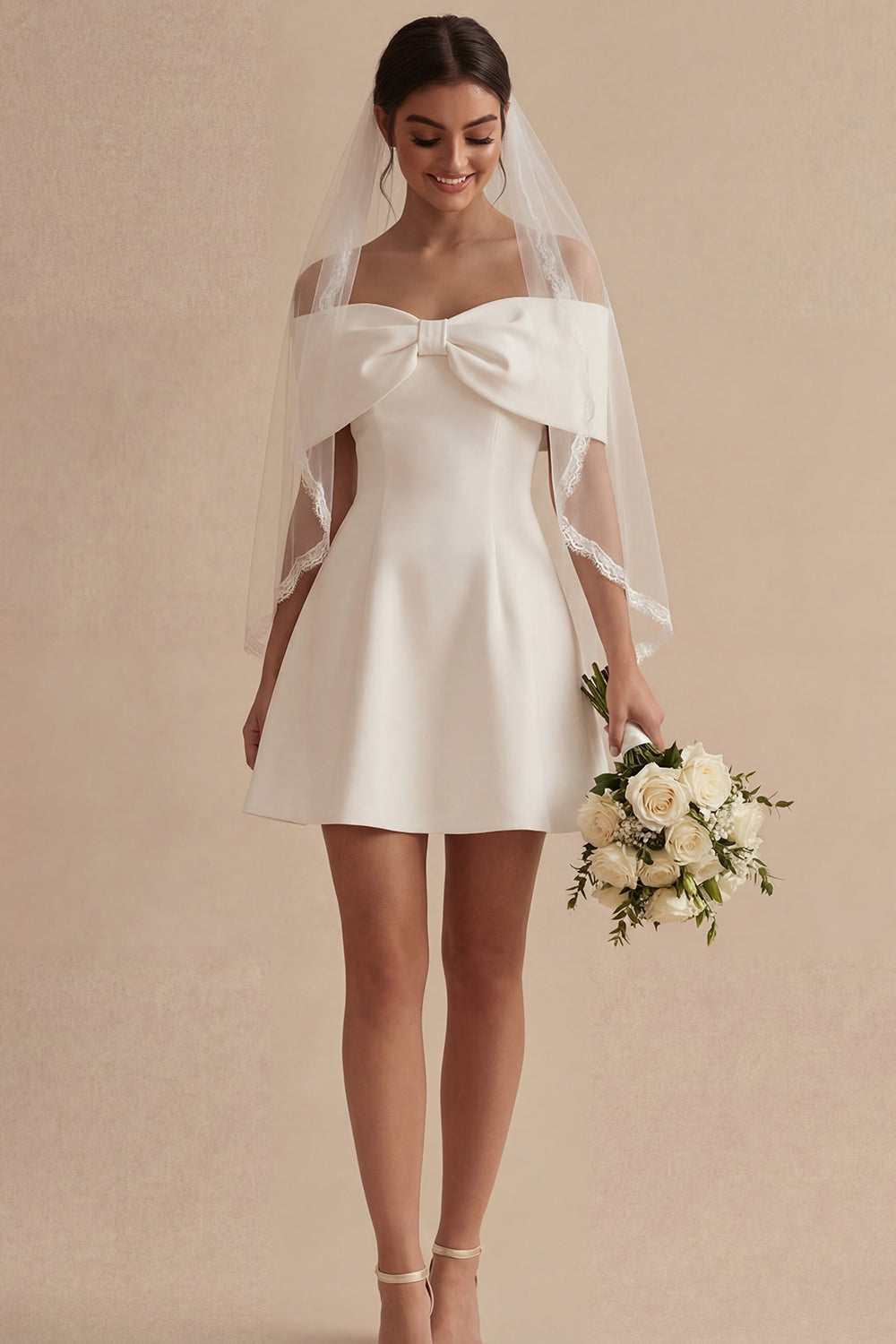 Off the Shoulder Short White A Line Graduation Dress with Bow