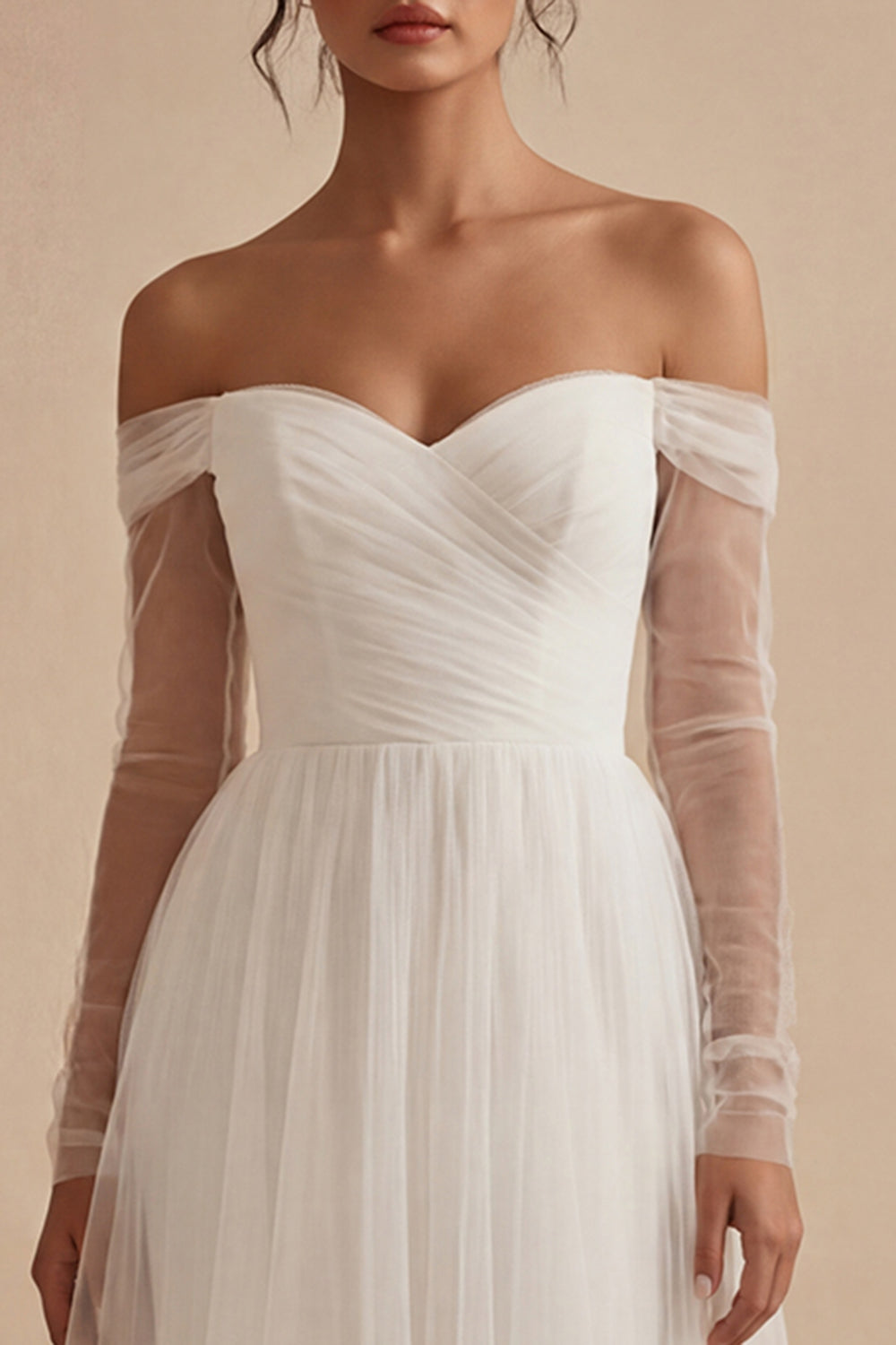 Ruched Long Sleeves White Maxi A Line Off the Shoulder Wedding Dress