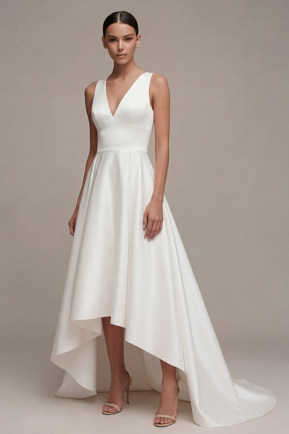 A Line V-Neck White High Low Wedding Reception Dress