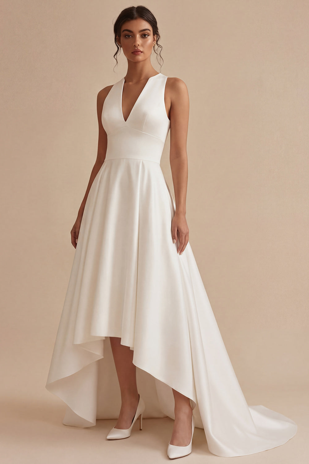 White High Low A Line V-Neck Wedding Reception Dress