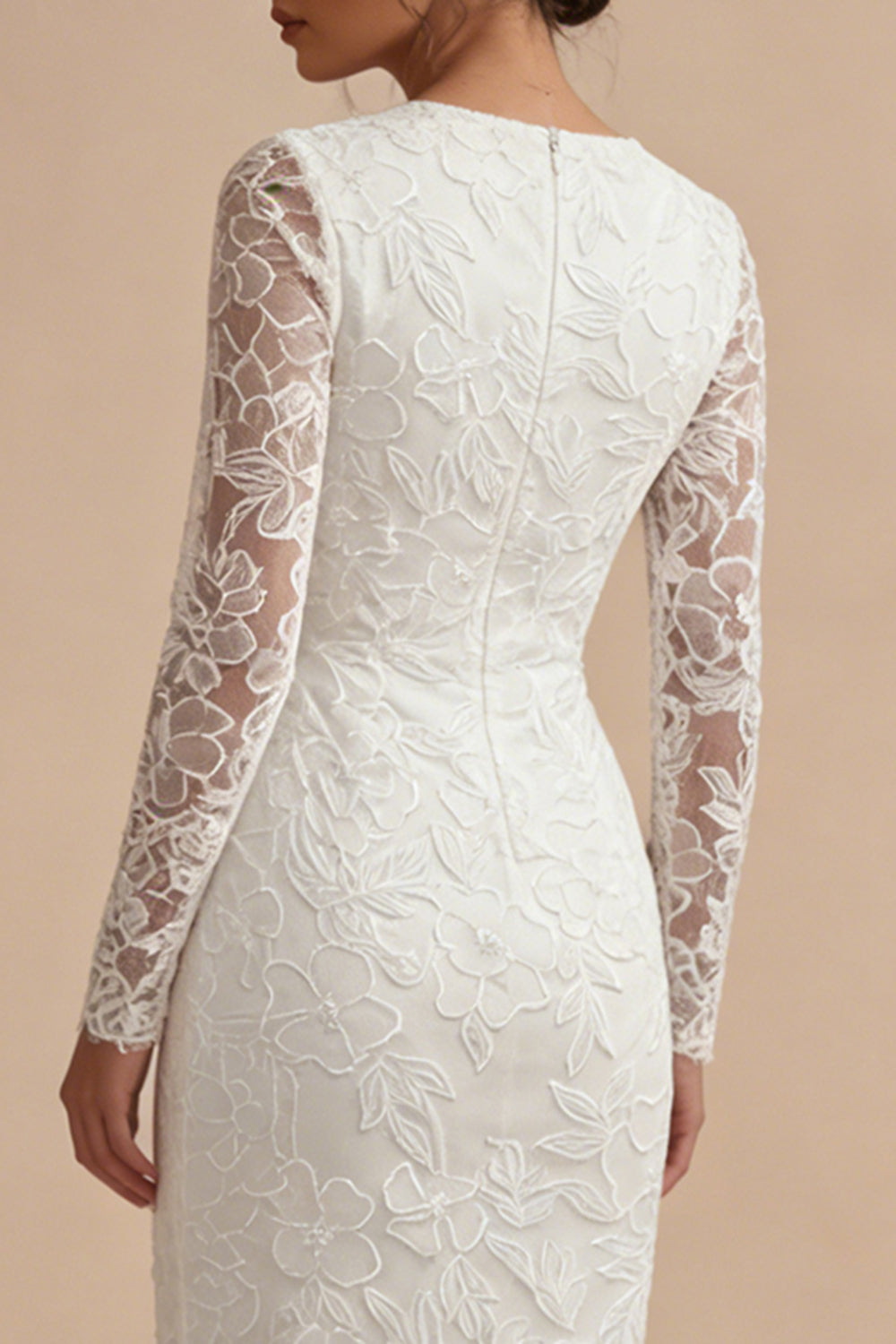 Lace Long Sleeves Floral Midi Bodycon White Bridal Shower Dress