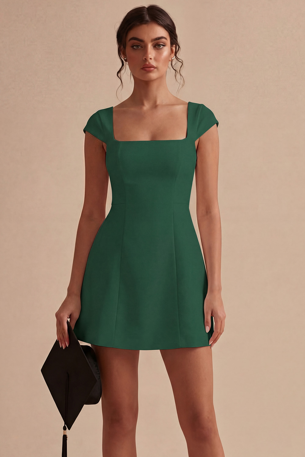 A Line White Cap Sleeves Square Neck Short Graduation Dress