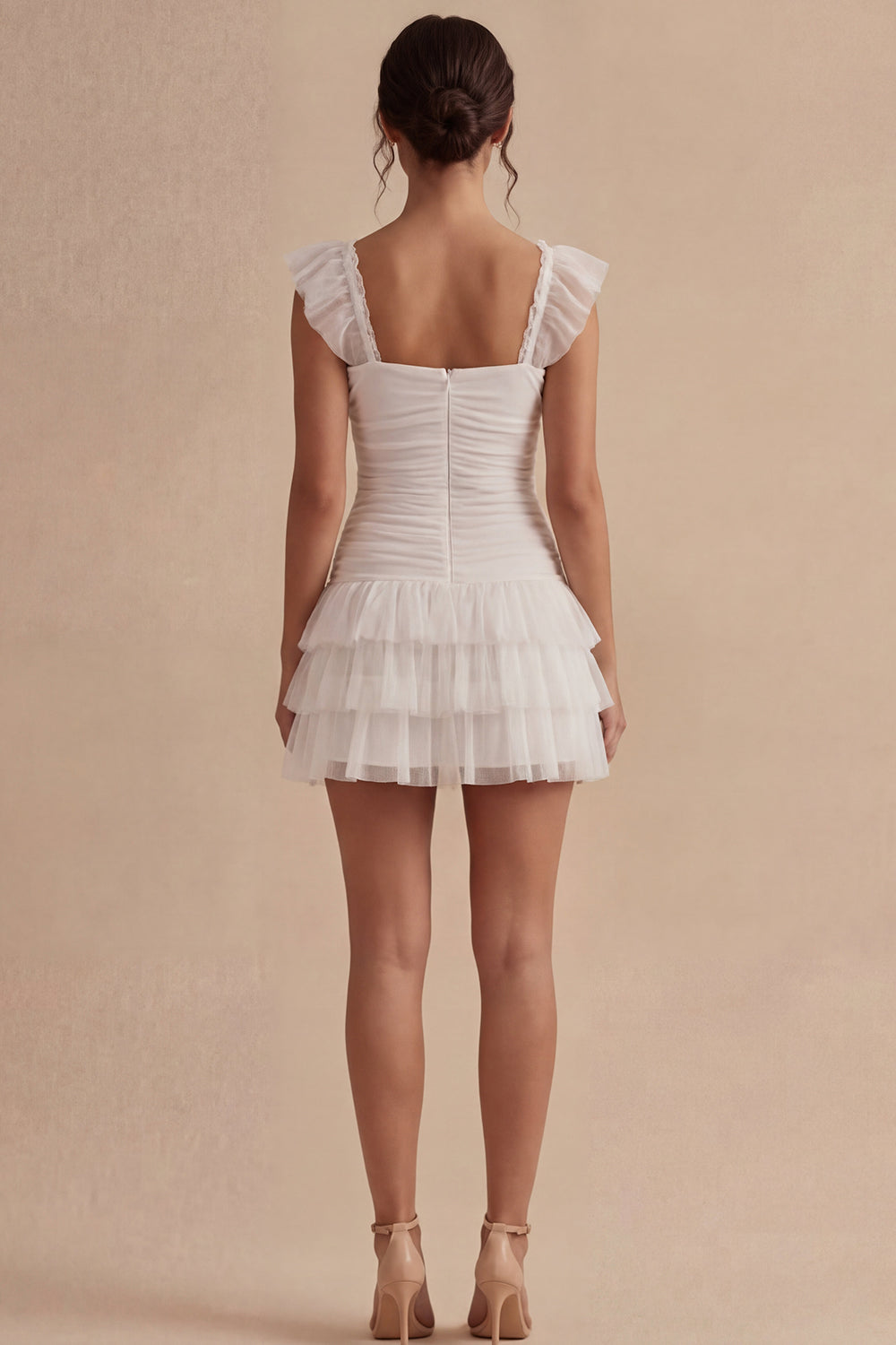 Square Neck White Ruched Short A Line Graduation Dress with Ruffles