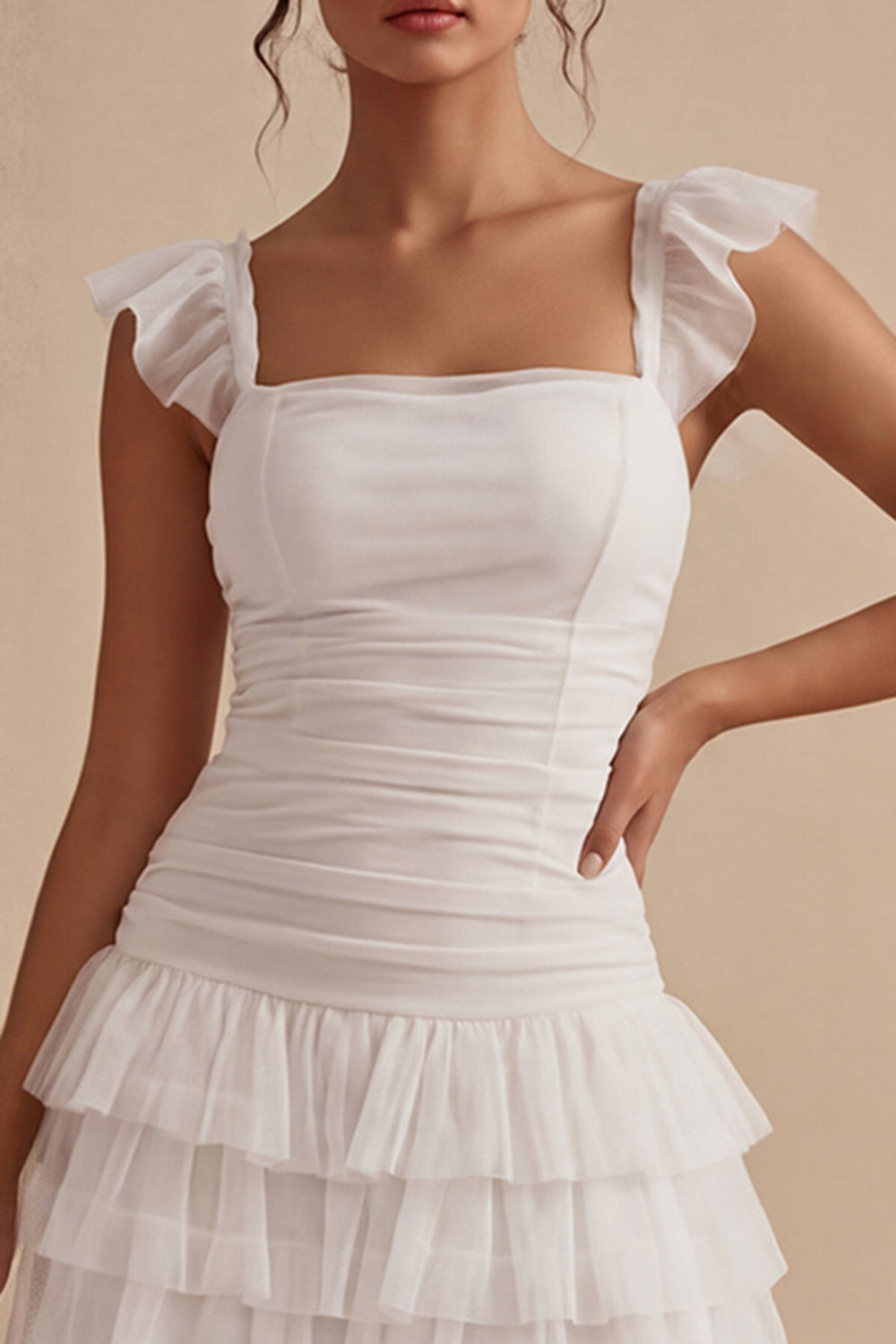 Square Neck White Ruched Short A Line Graduation Dress with Ruffles