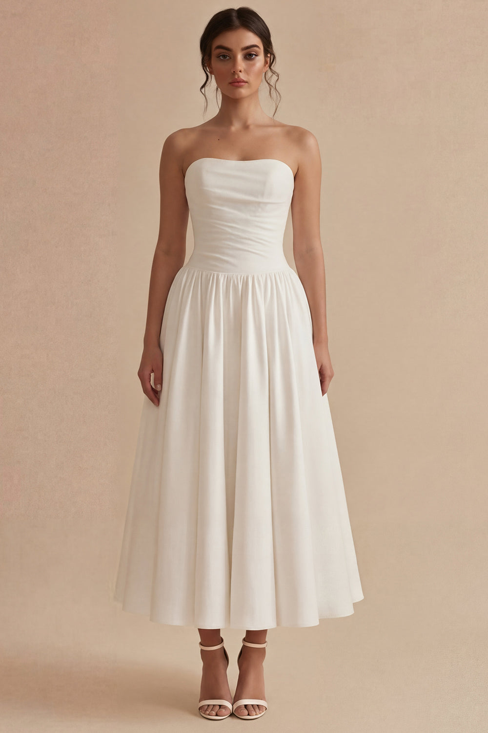 Maxi Strapless Ruched White A Line Beach Wedding Reception Dress