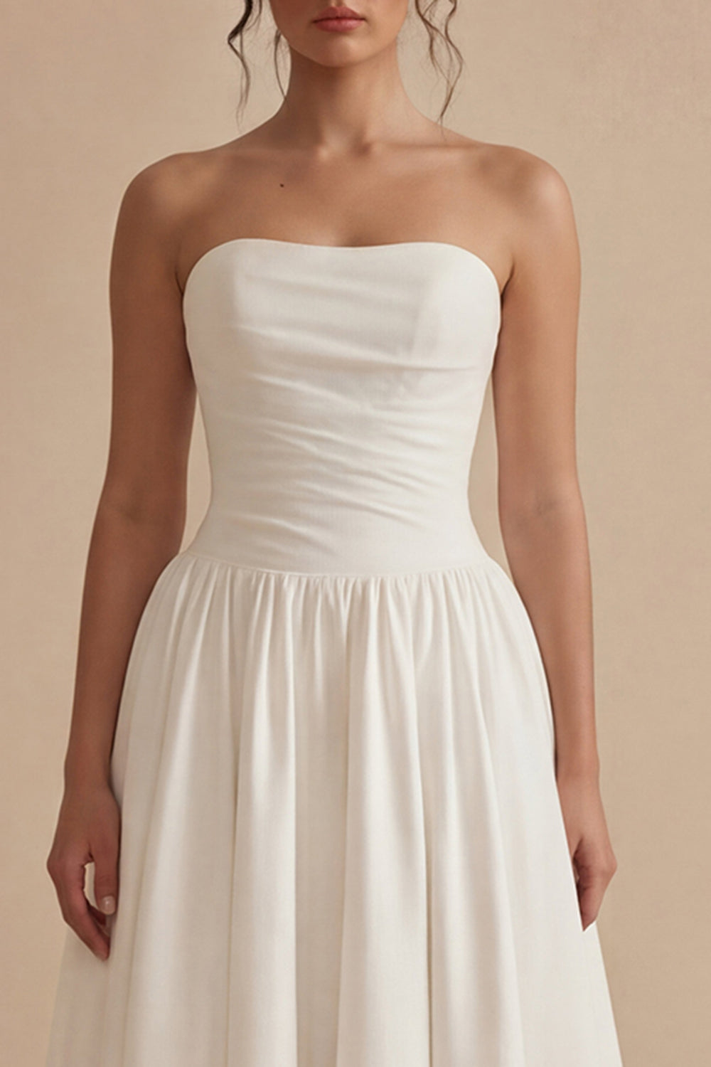 Maxi Strapless Ruched White A Line Beach Wedding Reception Dress