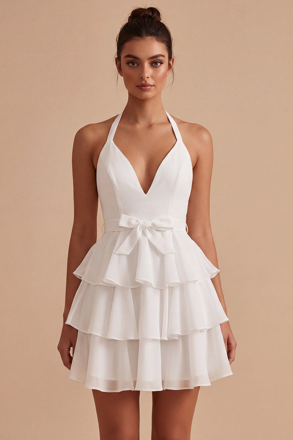 White Short A Line Ruffled Halter Backless Graduation Dress with Bow