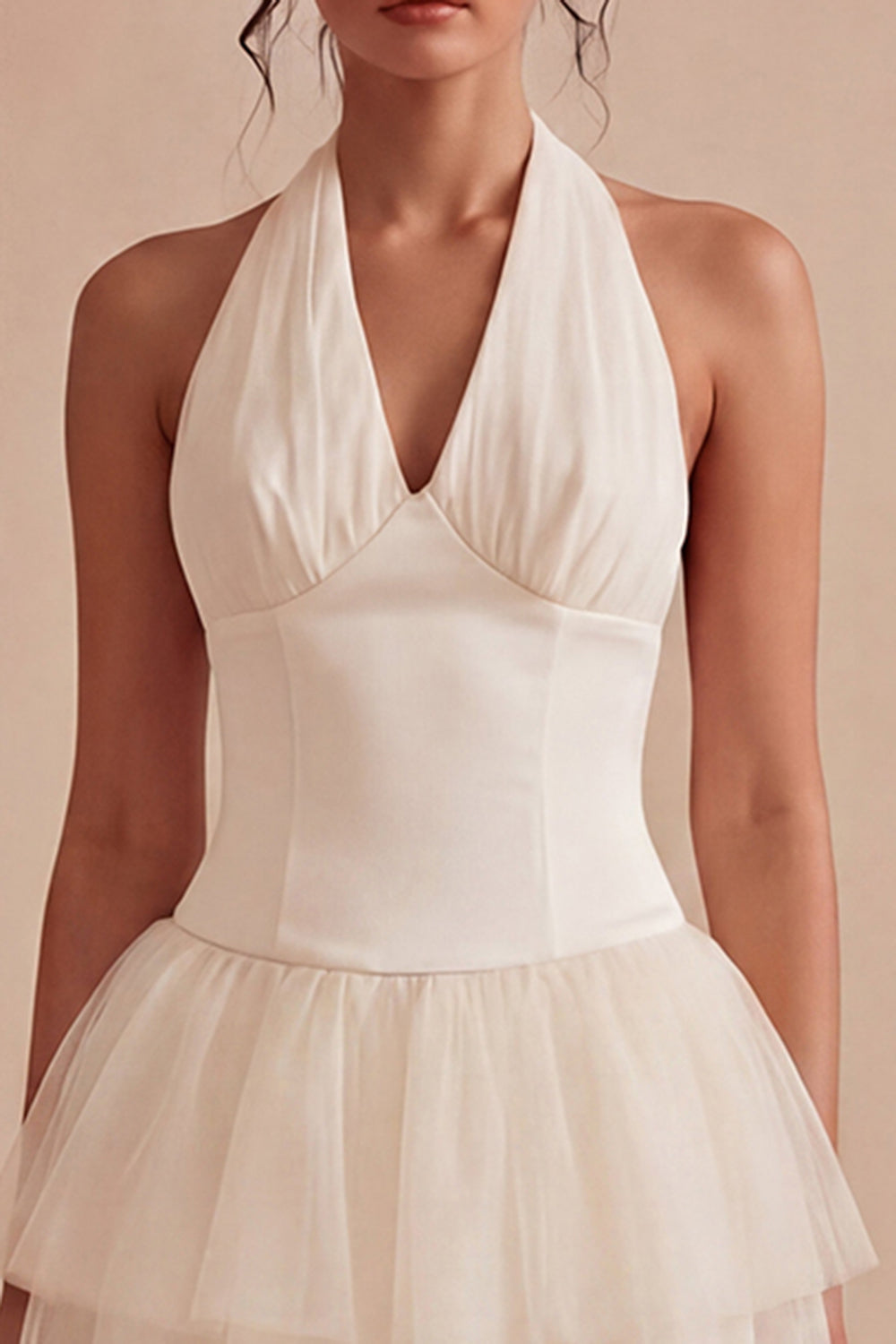 White Short A Line Halter Ruched Graduation Dress with Ruffles