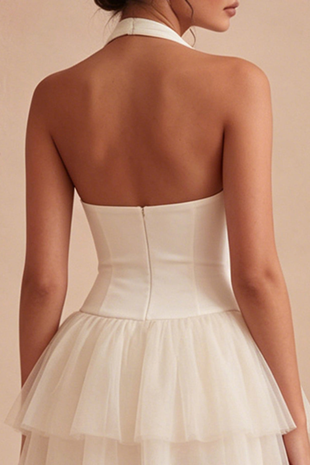 White Short A Line Halter Ruched Graduation Dress with Ruffles