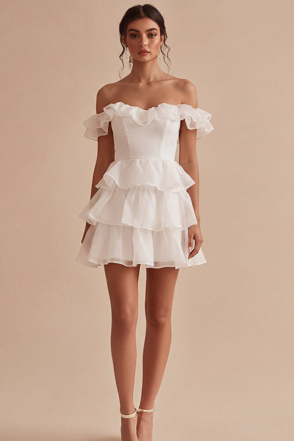 Off the Shoulder A Line White Short Graduation Dress with Ruffles