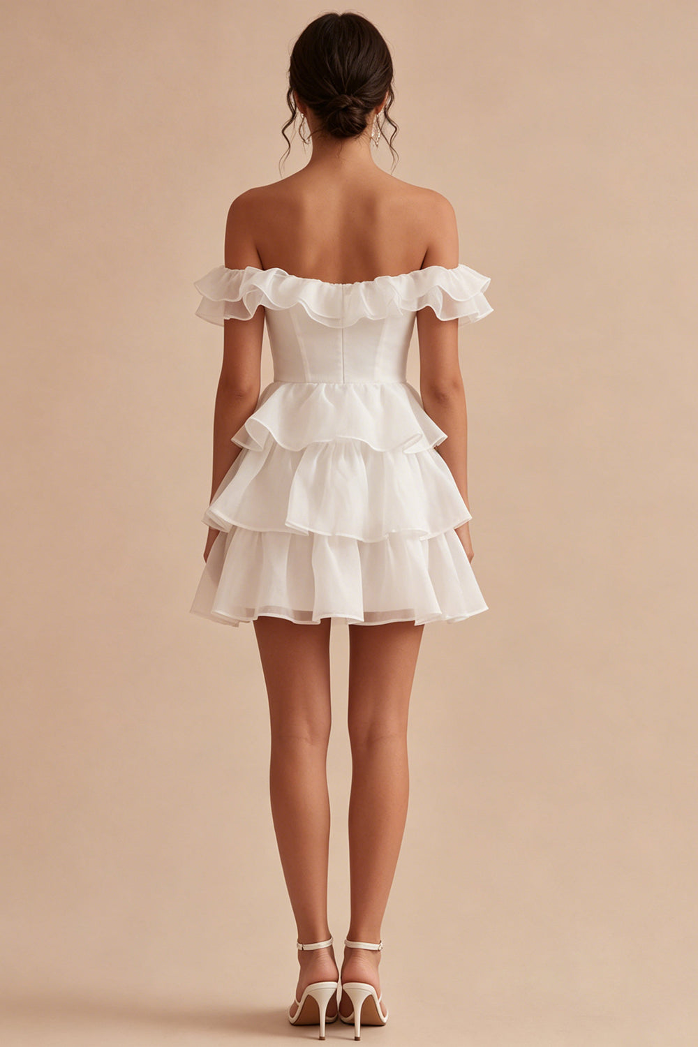 Off the Shoulder A Line White Short Graduation Dress with Ruffles
