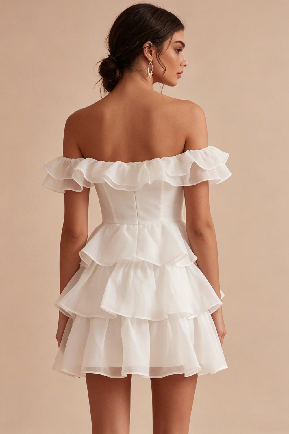 Off the Shoulder A Line White Short Graduation Dress with Ruffles
