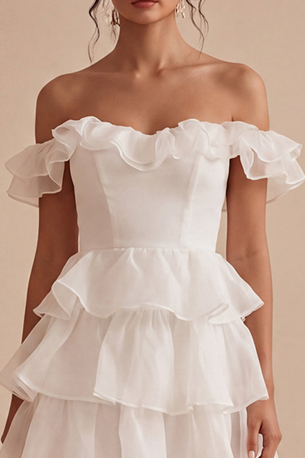 Off the Shoulder A Line White Short Graduation Dress with Ruffles