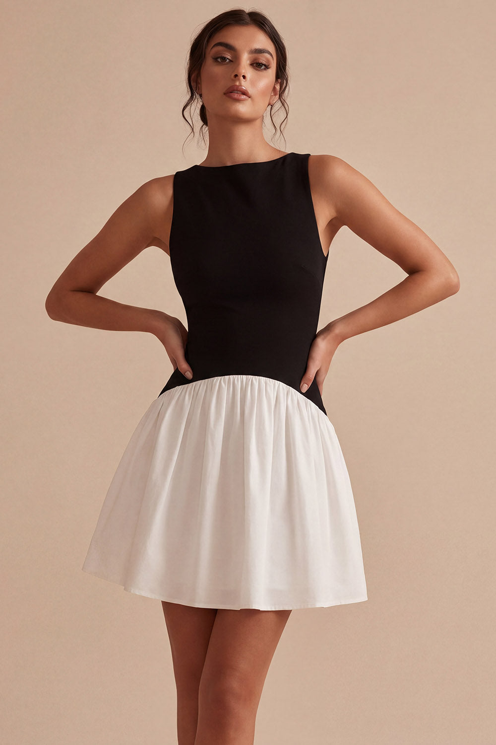 Black and White Bateau Neck A Line Cocktail Dress