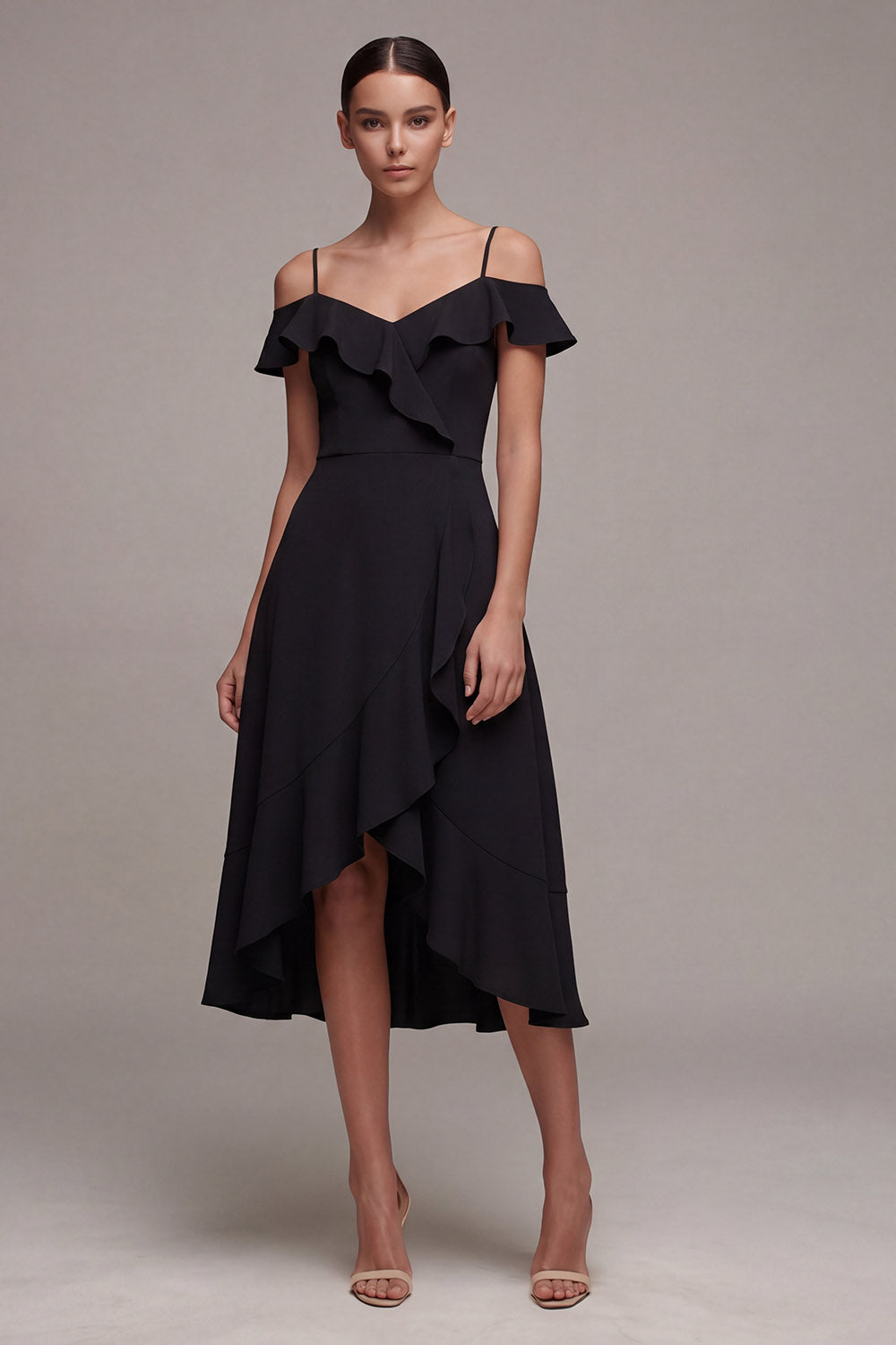 A Line Cold Shoulder High Low Little Black Dress with Ruffles