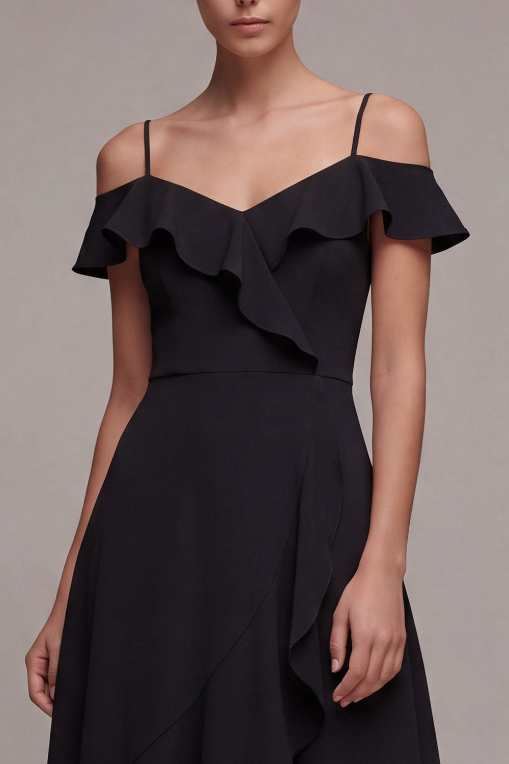 A Line Cold Shoulder High Low Little Black Dress with Ruffles