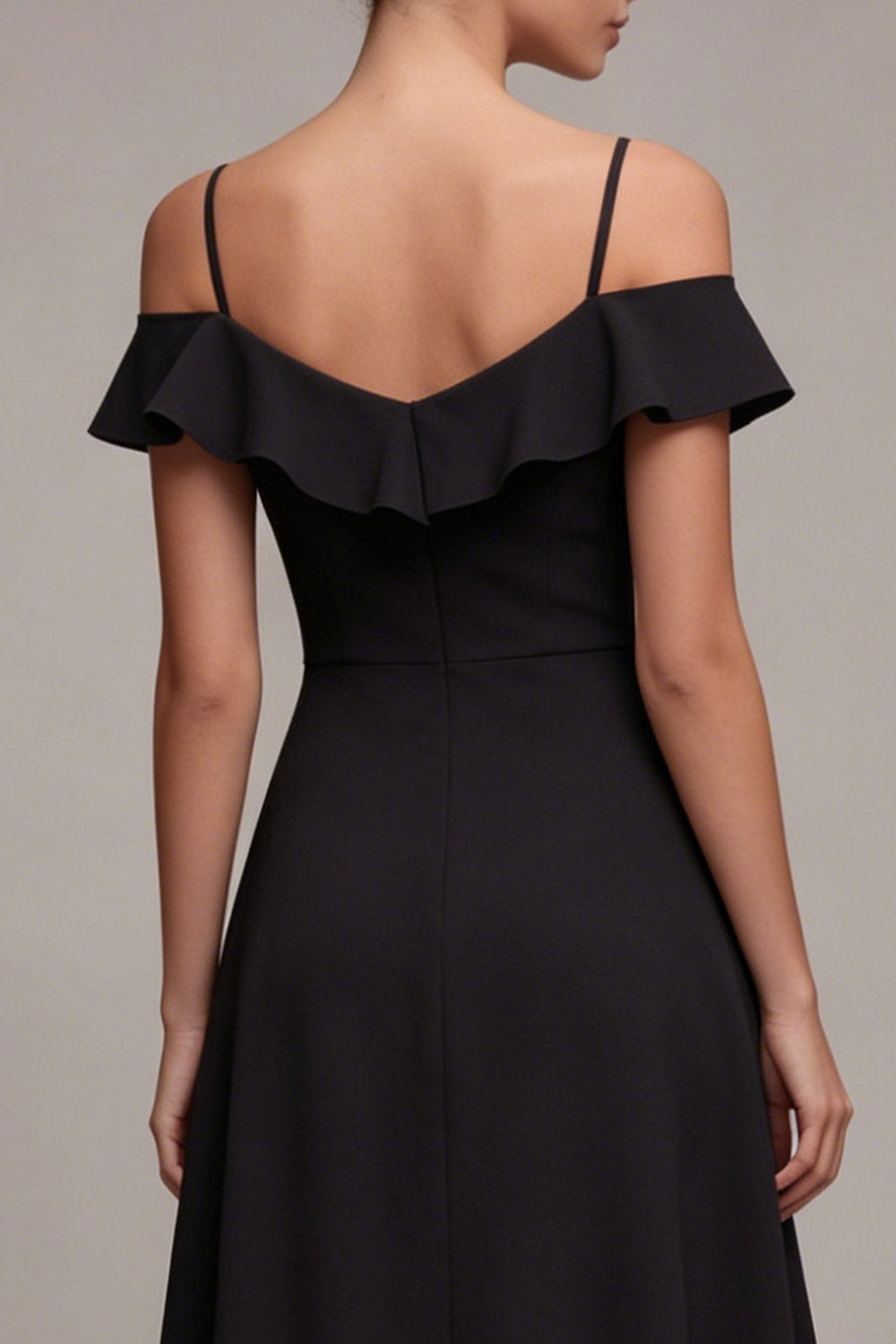 A Line Cold Shoulder High Low Little Black Dress with Ruffles