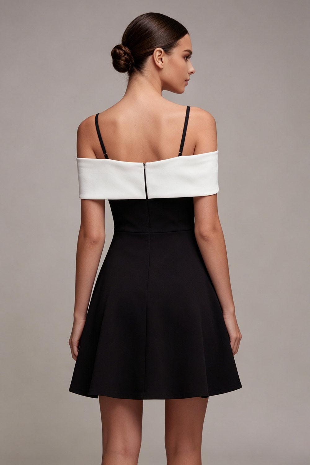 Cold Shoulder Black and White A Line Cocktail Dress with Bow