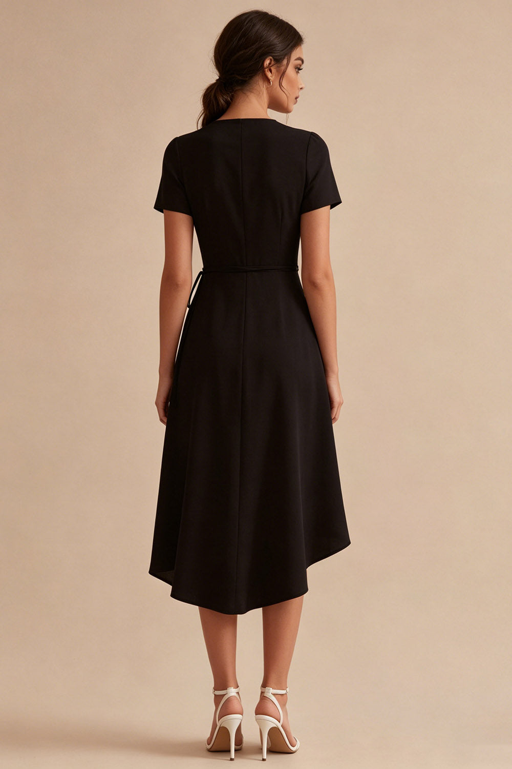 Short Sleeves A Line High Low V-Neck Little Black Dress with Pockets