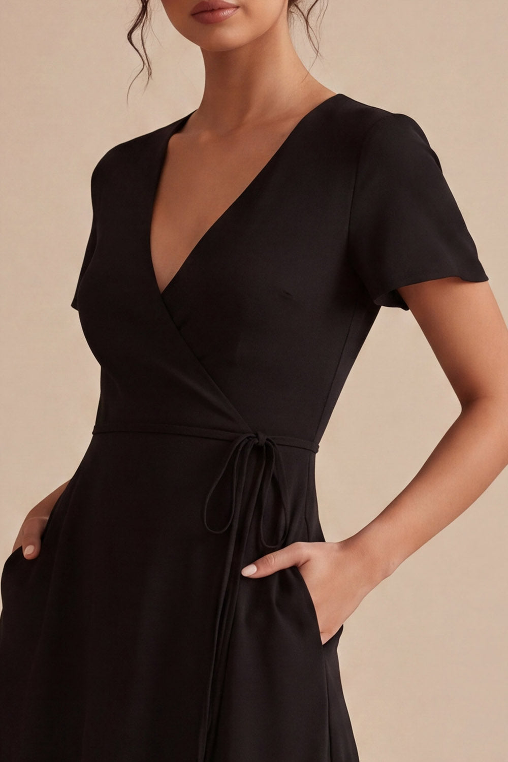 Short Sleeves A Line High Low V-Neck Little Black Dress with Pockets