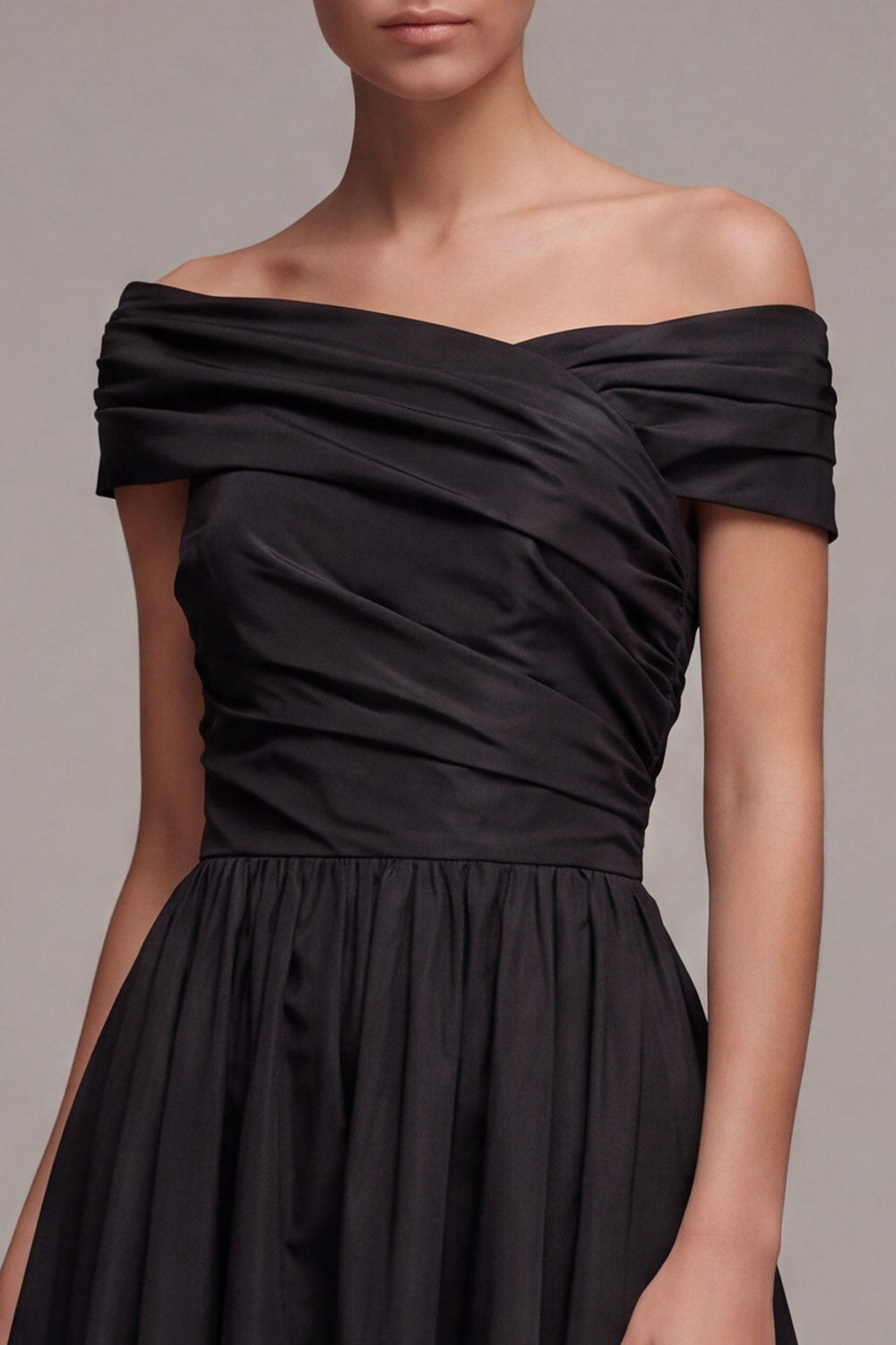 Black Ruched Maxi A Line Off the Shoulder Formal Dress