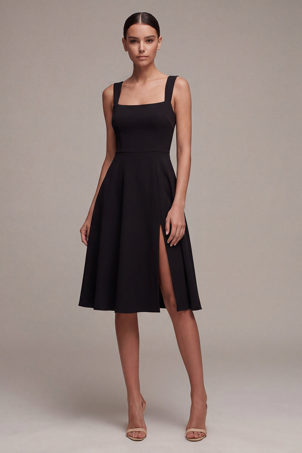 A Line Square Neck Midi Little Black Dress with Slit