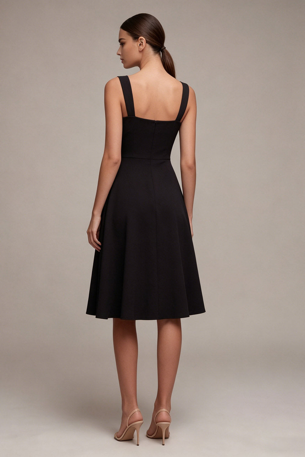 A Line Square Neck Midi Little Black Dress with Slit