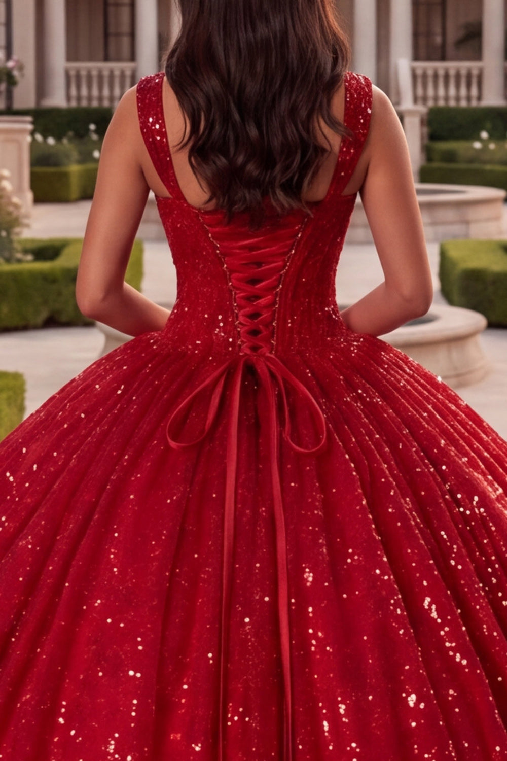 Sparkly Red Princess Corset Long Thick Straps Sequin Quinceanera Dress