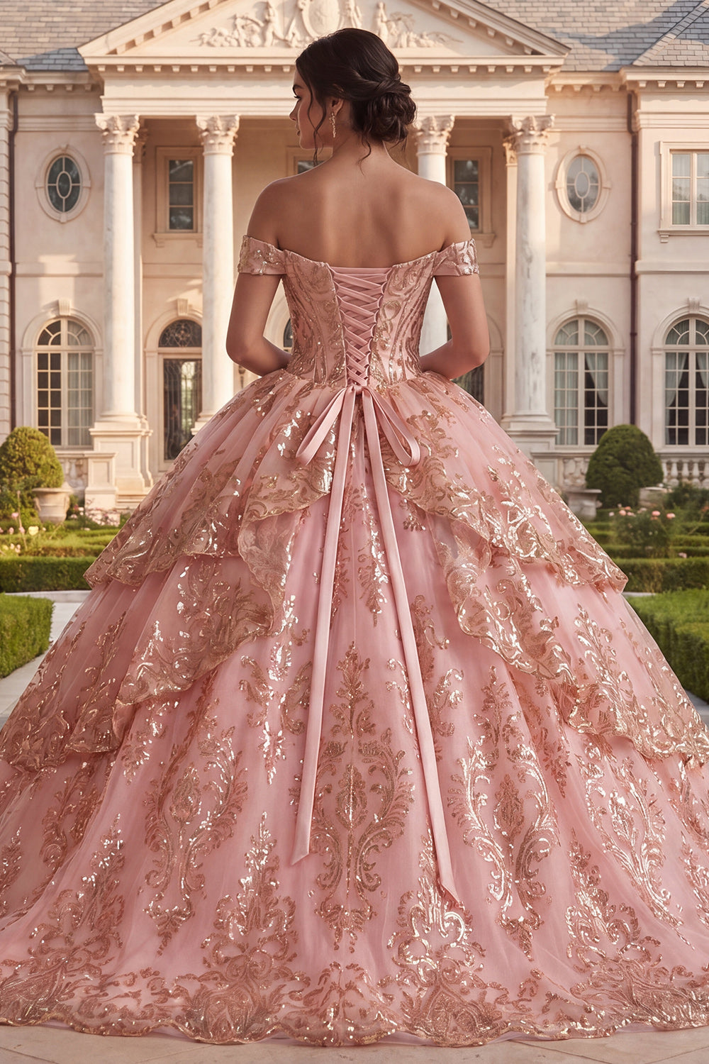 Sparkly Pink Princess Sequin Ruched Long Off the Shoulder Quinceanera Dress
