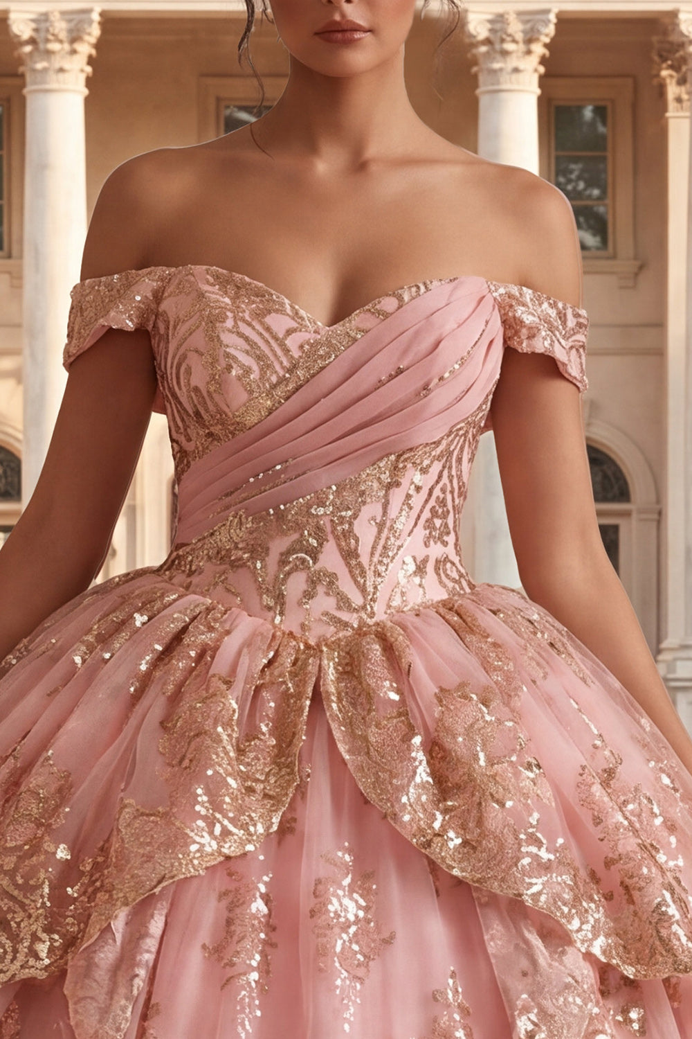 Sparkly Pink Princess Sequin Ruched Long Off the Shoulder Quinceanera Dress