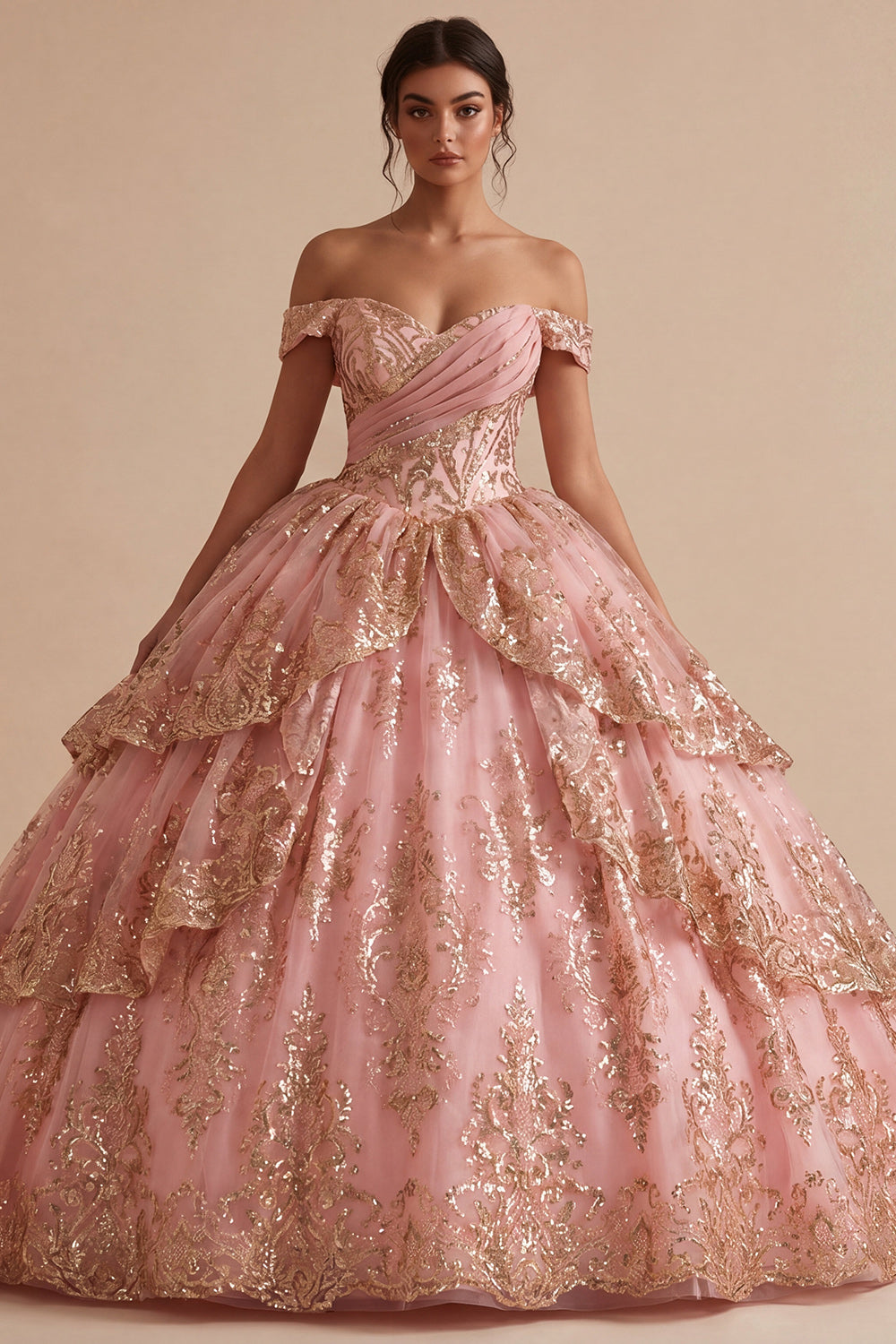 Sparkly Pink Princess Sequin Ruched Long Off the Shoulder Quinceanera Dress