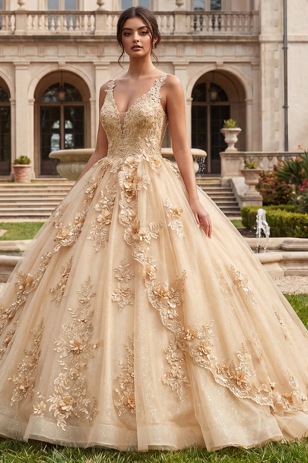 Champagne V-Neck Floral Glitter Princess Long Quinceanera Dress