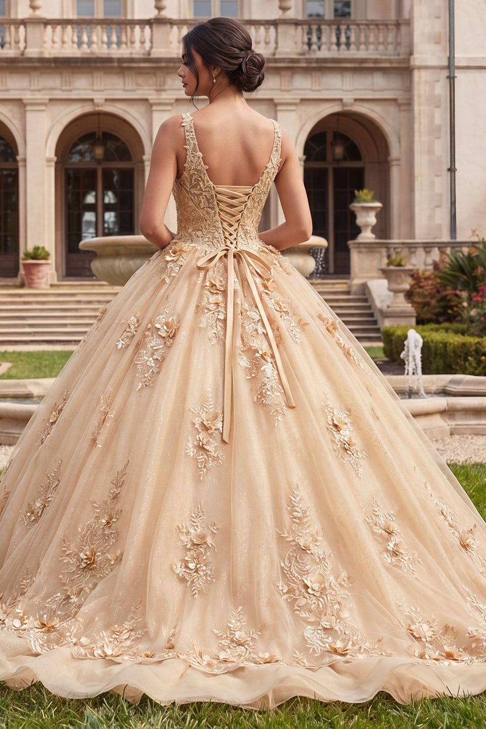 Champagne V-Neck Floral Glitter Princess Long Quinceanera Dress