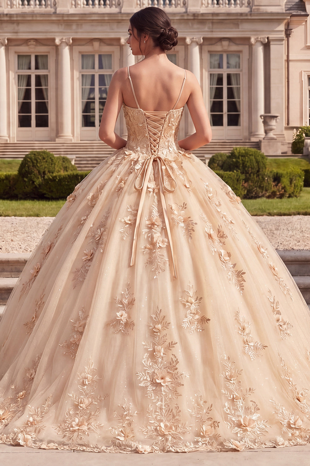 Champagne Corset Spaghetti Straps Floral Glitter Princess Long Quinceanera Dress