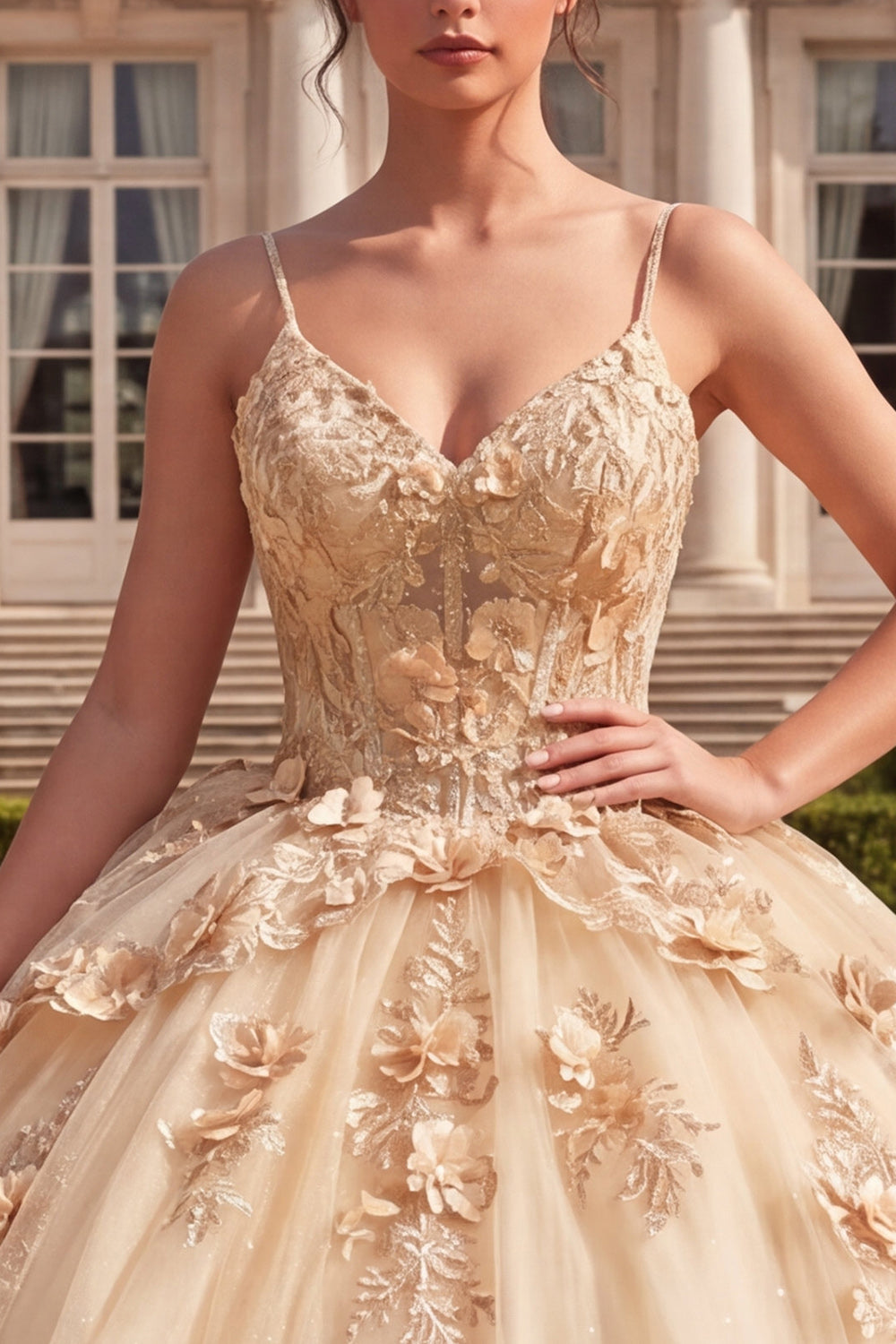 Champagne Corset Spaghetti Straps Floral Glitter Princess Long Quinceanera Dress