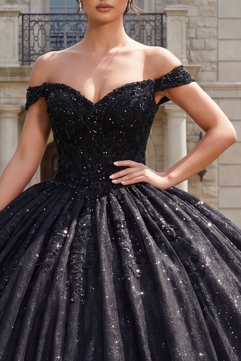 Sparkly Black Off the Shoulder Princess Long Quinceanera Dress with Beading