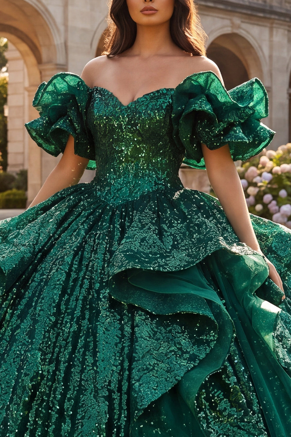 Sparkly Dark Green Sequin Long Princess Quinceanera Dress with Ruffles