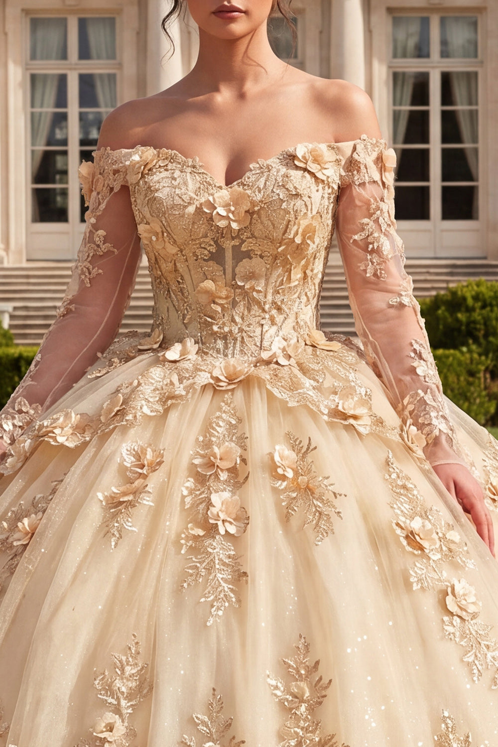 Champagne Floral Long Sleeves Corset Glitter Princess Long Quinceanera Dress