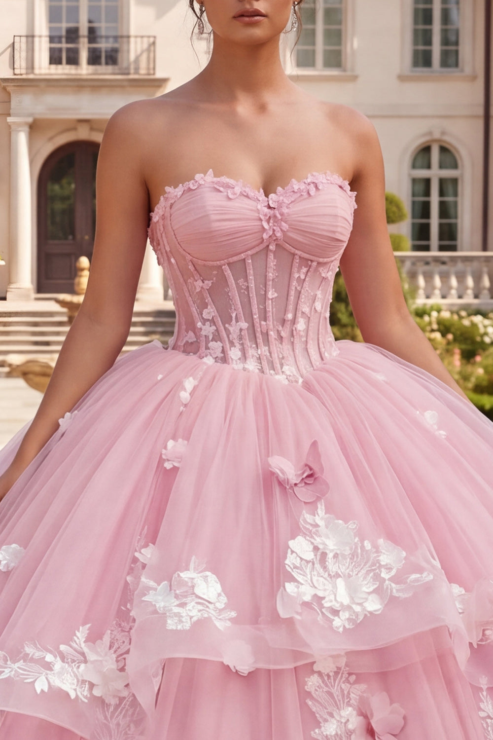 Princess Pink Long Floral Corset Quinceanera Dress with Ruffles