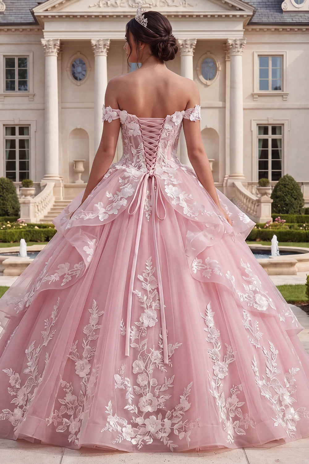 Off the Shoulder Pink Princess Long Floral Quinceanera Dress with Ruffles