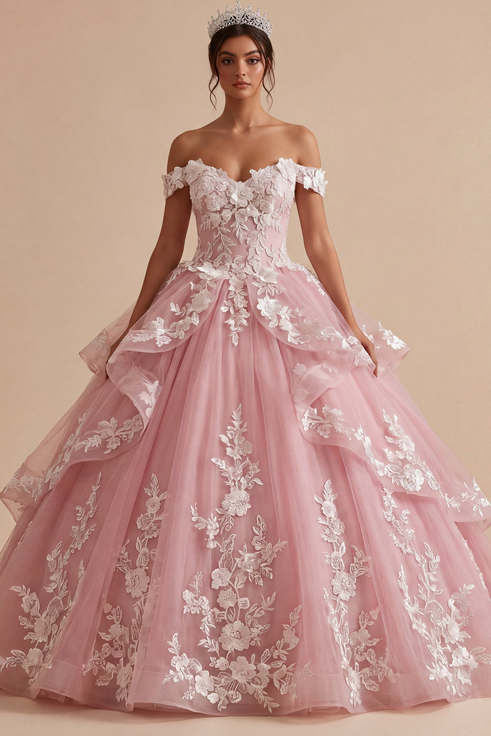 Off the Shoulder Pink Princess Long Floral Quinceanera Dress with Ruffles