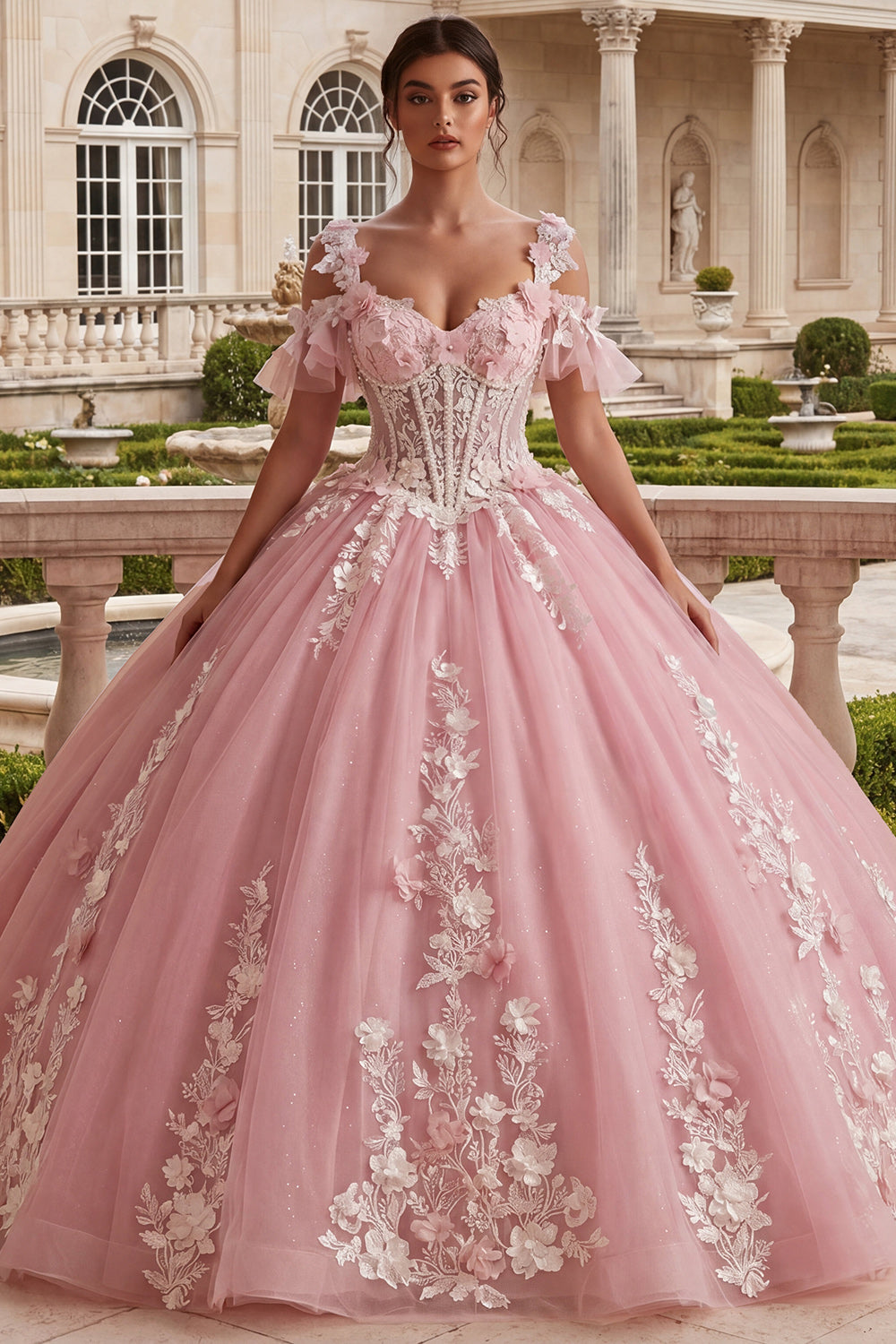 Sparkly Pink Princess Long Floral Cold Shoulder Corset Quinceanera Dress
