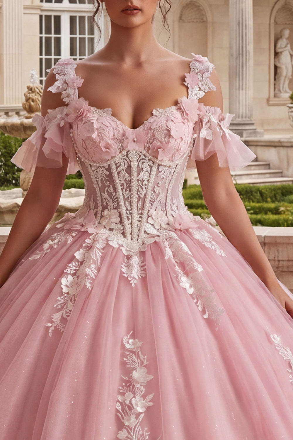 Sparkly Pink Princess Long Floral Cold Shoulder Corset Quinceanera Dress