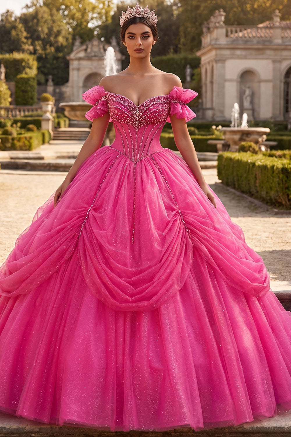 Sparkly Fuchsia Long Corset Princess Off the Shoulder Beaded Quinceanera Dress