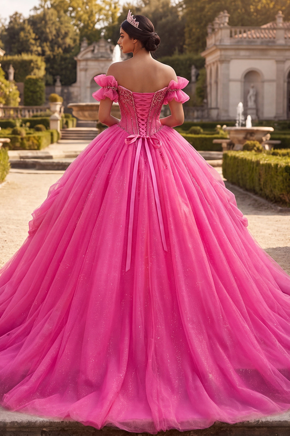 Sparkly Fuchsia Long Corset Princess Off the Shoulder Beaded Quinceanera Dress