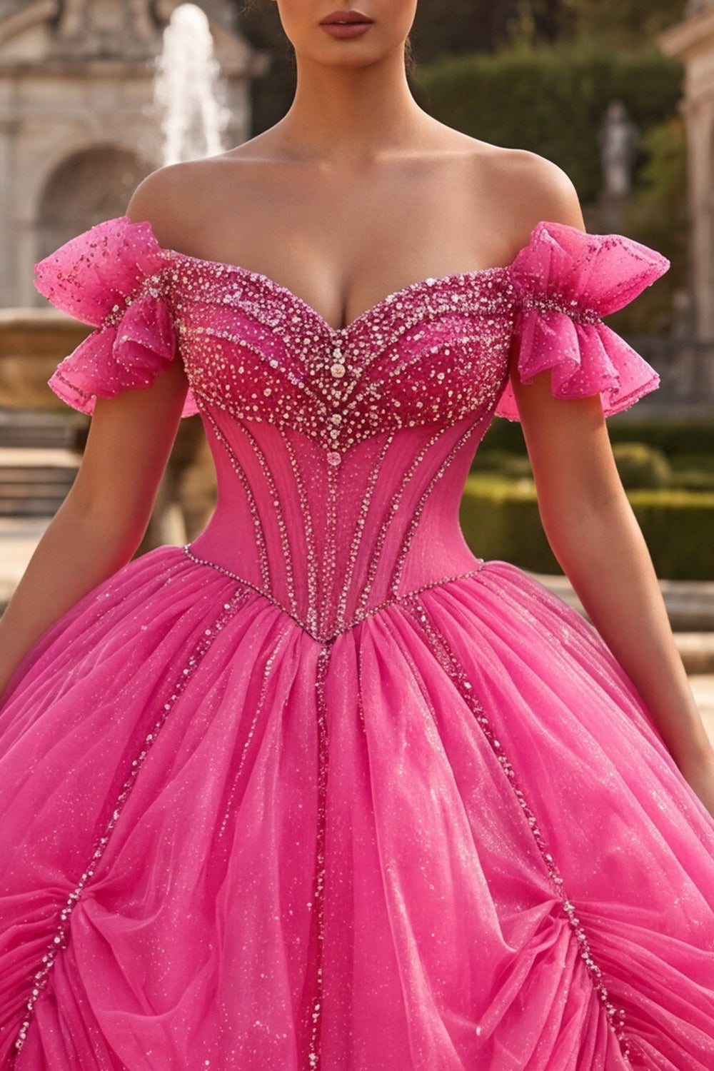 Sparkly Fuchsia Long Corset Princess Off the Shoulder Beaded Quinceanera Dress